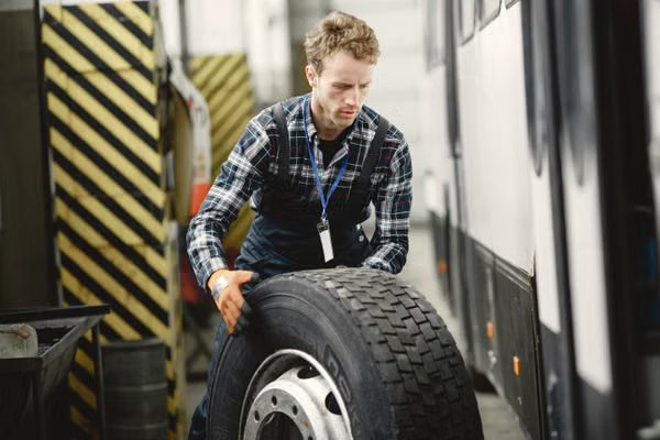 Technician rolling a large tire in the shop